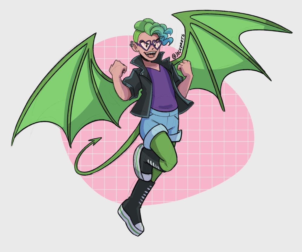 A chibi sketch of a shapeshifter character, they have green dragon like wings and a tail. They are wearing heart glasses. 
