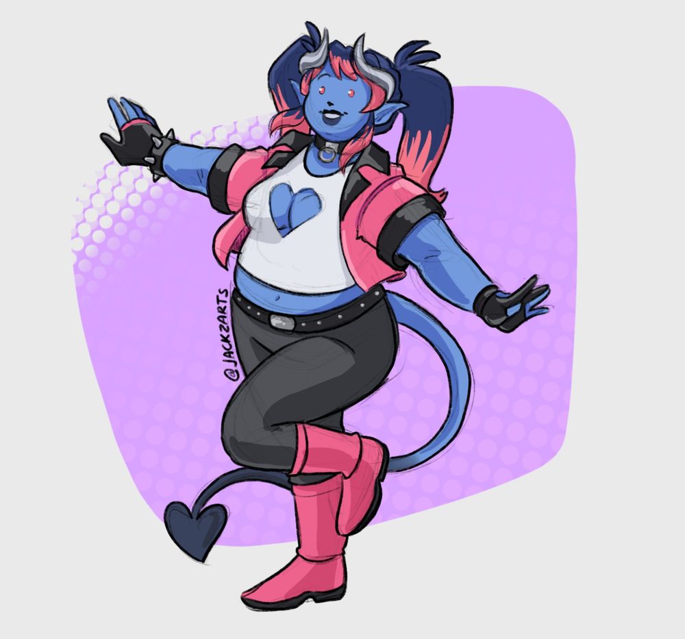 A chibi sketch of a blue tiefling with silver horns, she's wearing a small pink leather jacket, a white shirt, black pants and pink boots.