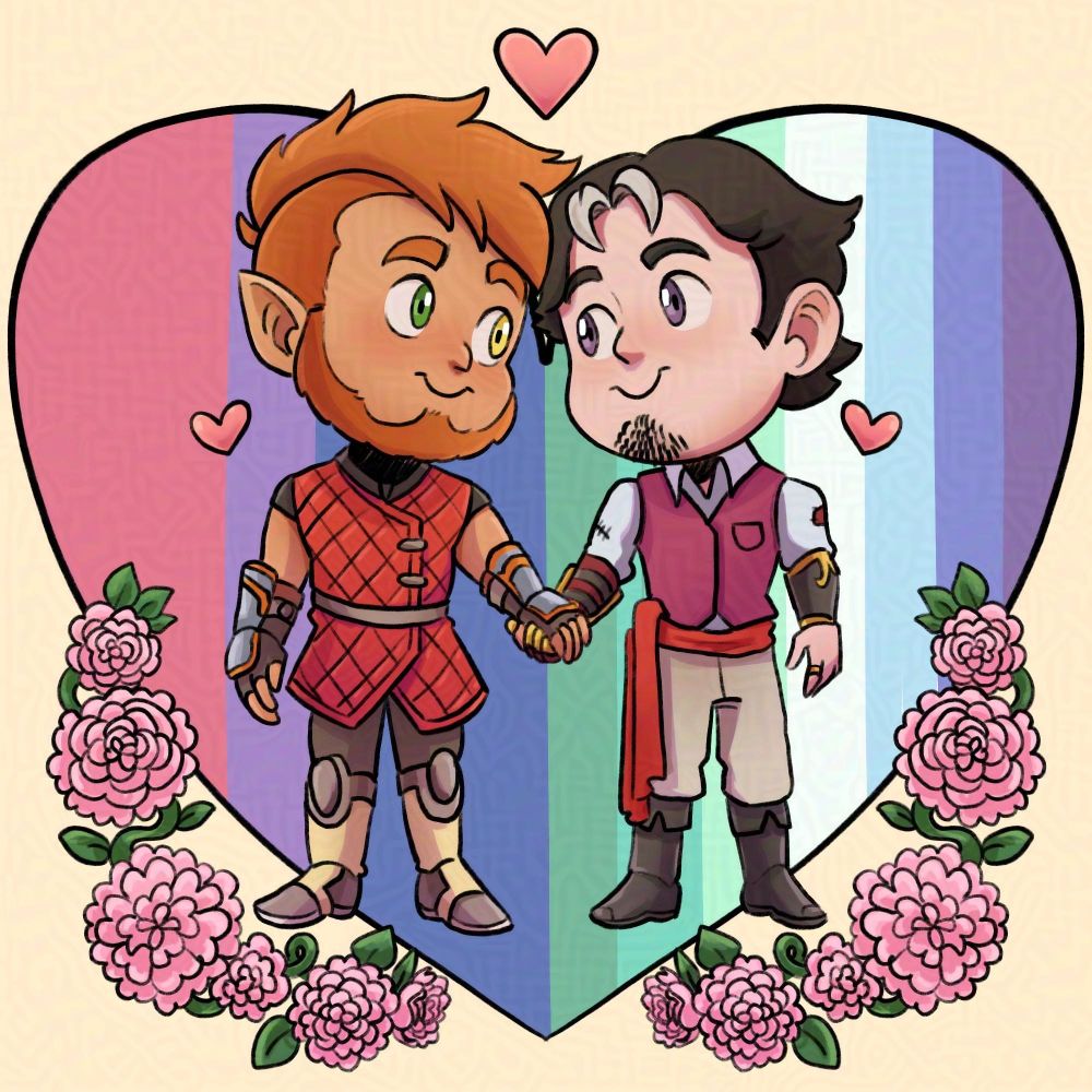 A chibi sketch drawing in color of two guys holding hands as they look into each others eyes with a smile. Behind one of them you can see the bisexual and gay flags. 
