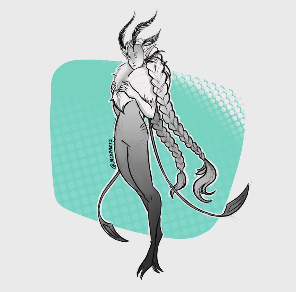 A chibi sketch of a moth-like character in greyscale, she has two long braids. She's standing almost in profile view, holding onto her fluff as if it were part of a coat.