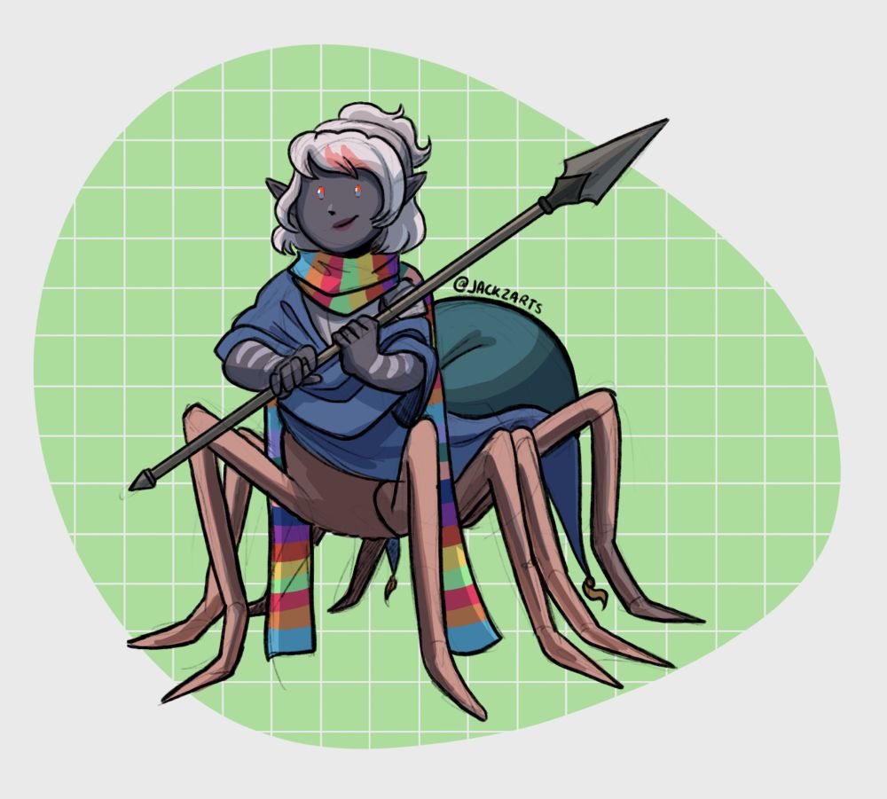 A chibi sketch drider that is wearing a colorful scarf, blue cloths wrapped around her torso and torax, while she holds a spear.