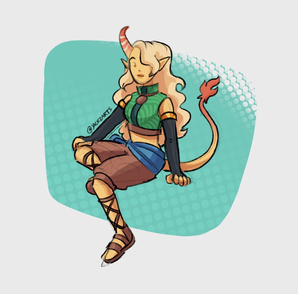A chibi sketch of a yellow tiefling, they're sitting down with an arm on their leg. 