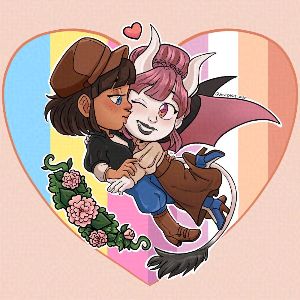 A chibi sketch drawing in color of a human kissing a tiefling, behind them you can see the pan and lesbian flags.