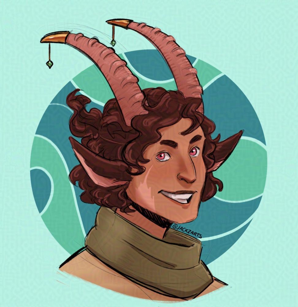 sketch color bust of a satyr, they have dark brown curly hair up in half a ponytail, magenta eyes and big pink horns with jewelry. They have a scar on their right cheek. 