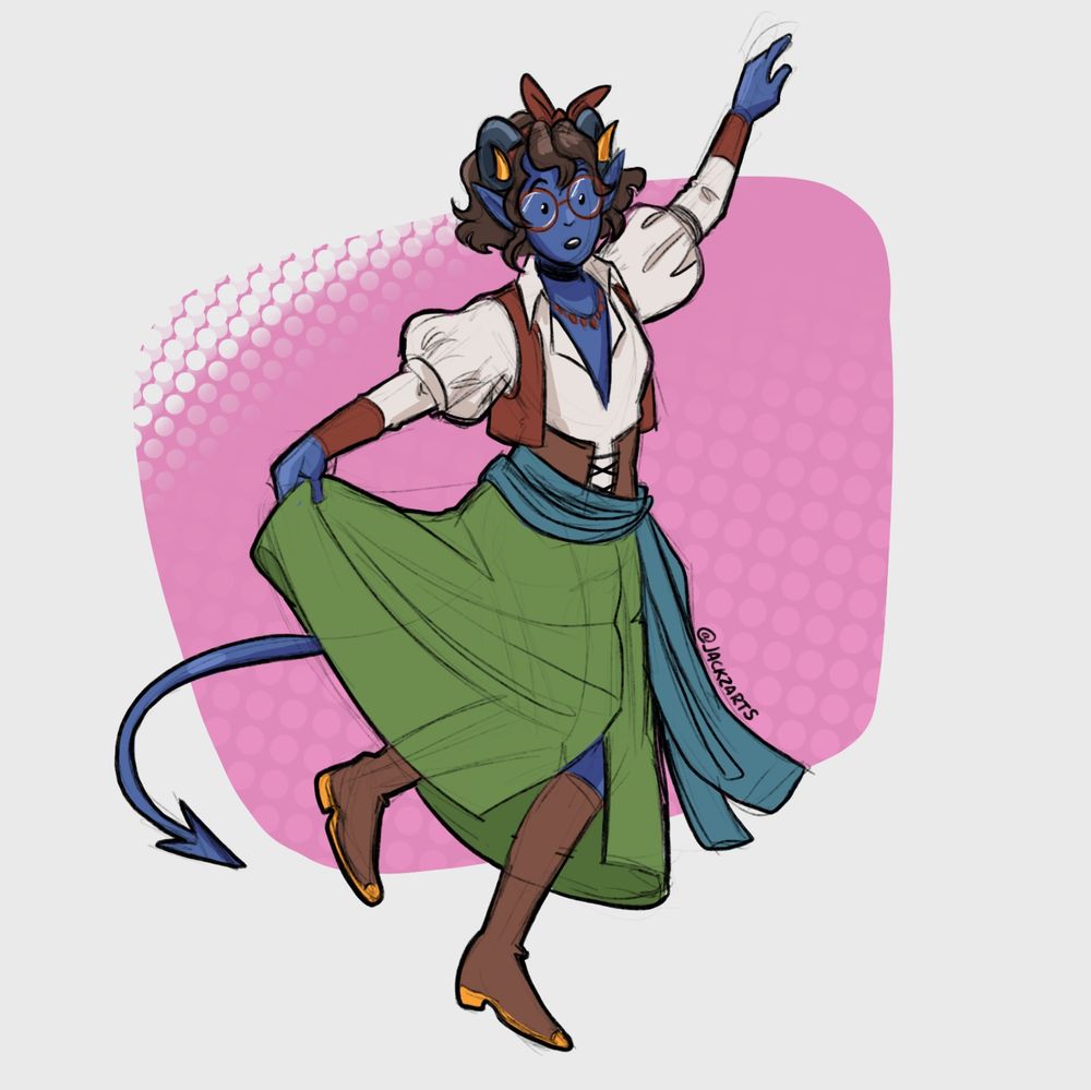 A chibi sketch of a blue toefling with small ram-like horns, she is wearing a white shirt, a red vest, and a green skirt with brown boots. She's holding onto her skirt as she's jumping down.