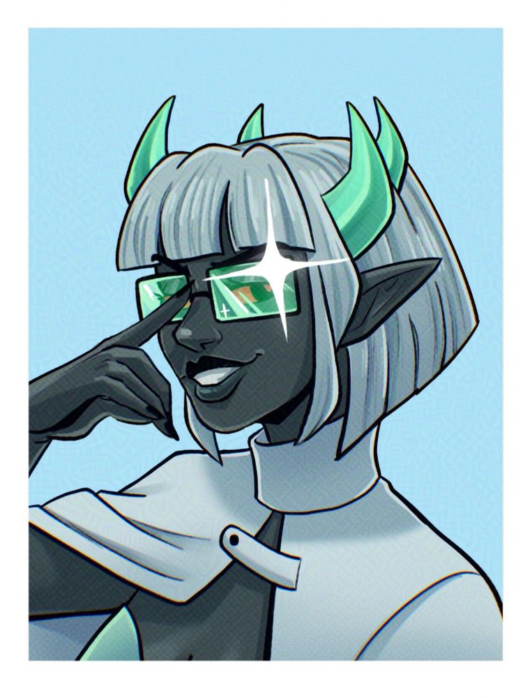 A color bust of a drow tiefling with a white bob cut, for green crystal horns. She's smirking as she pushes her green glasses up the riff of her nose as she glances at the viewer. 