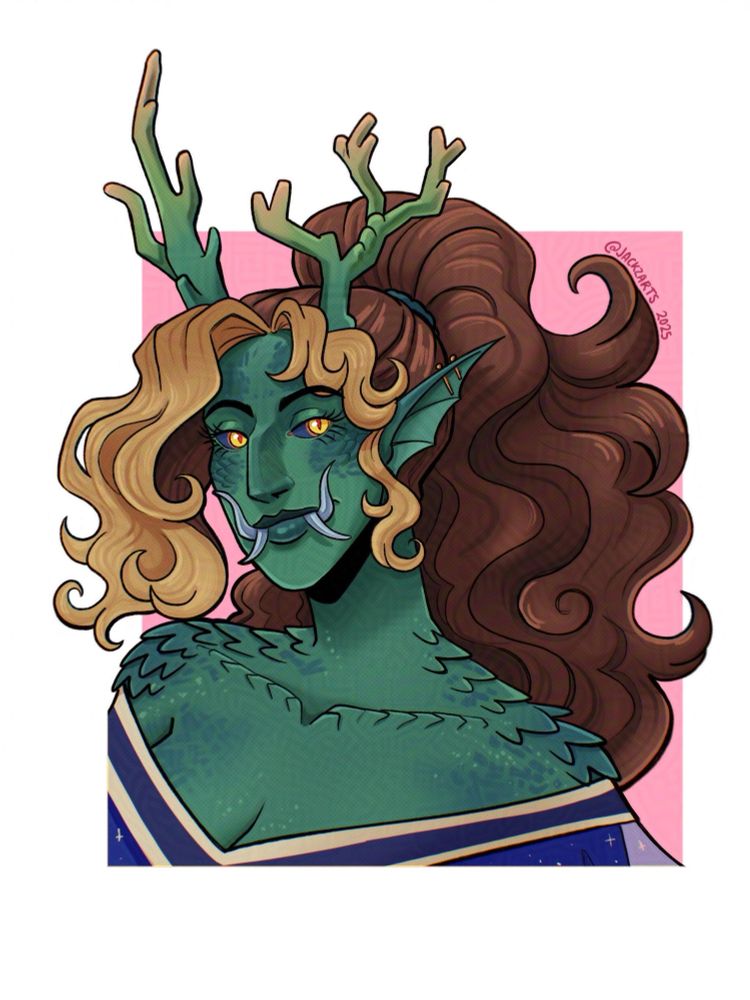 Full color bust or a dragon humanoid  woman, she has teal skin with blue scales, long wavy brown hair up in a ponytail, yellow hair fringe, and two horns that look like coral. She has tusks and is wearing a blue dress.