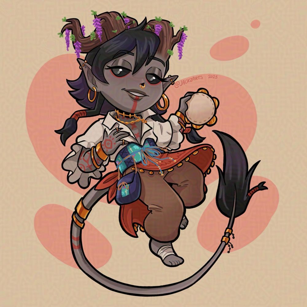 Chibi drawing in full color of a tiefling with wooden horns with purple flowers. They are floating in the space as they hold a hand drum. They look whimsical as their tail and clothes flow around them.  