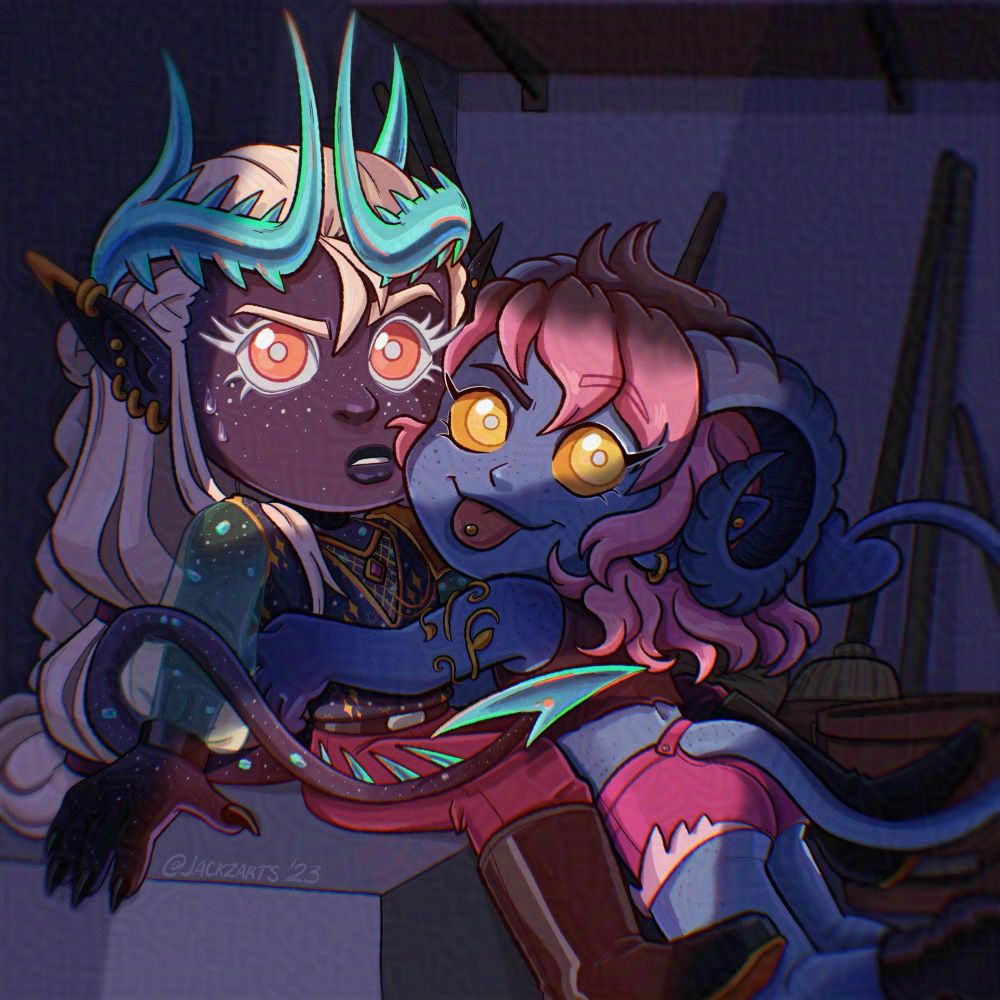 A chibi drawing of Quinn and Cal in a janitor's closet. Quinn is sitting on a box, while Cal is kneeling in front of him, hugging him from the hips. Quinn has a surprised expression as he looks to the viewer, while Cal's playful poking their tongue out.