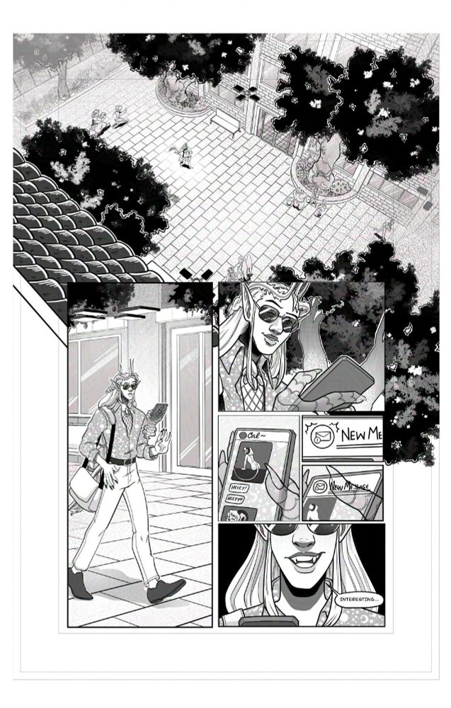 Black and white comic WIP. It features my character Quinn walking through school campus. He is holding his phone with a spectral hand he's summoned. He was glancing through pictures Cal had exchanged with him until he receives a notification of a new message. He opens it and smirks as he reads it, the contents are unknown to the reader.