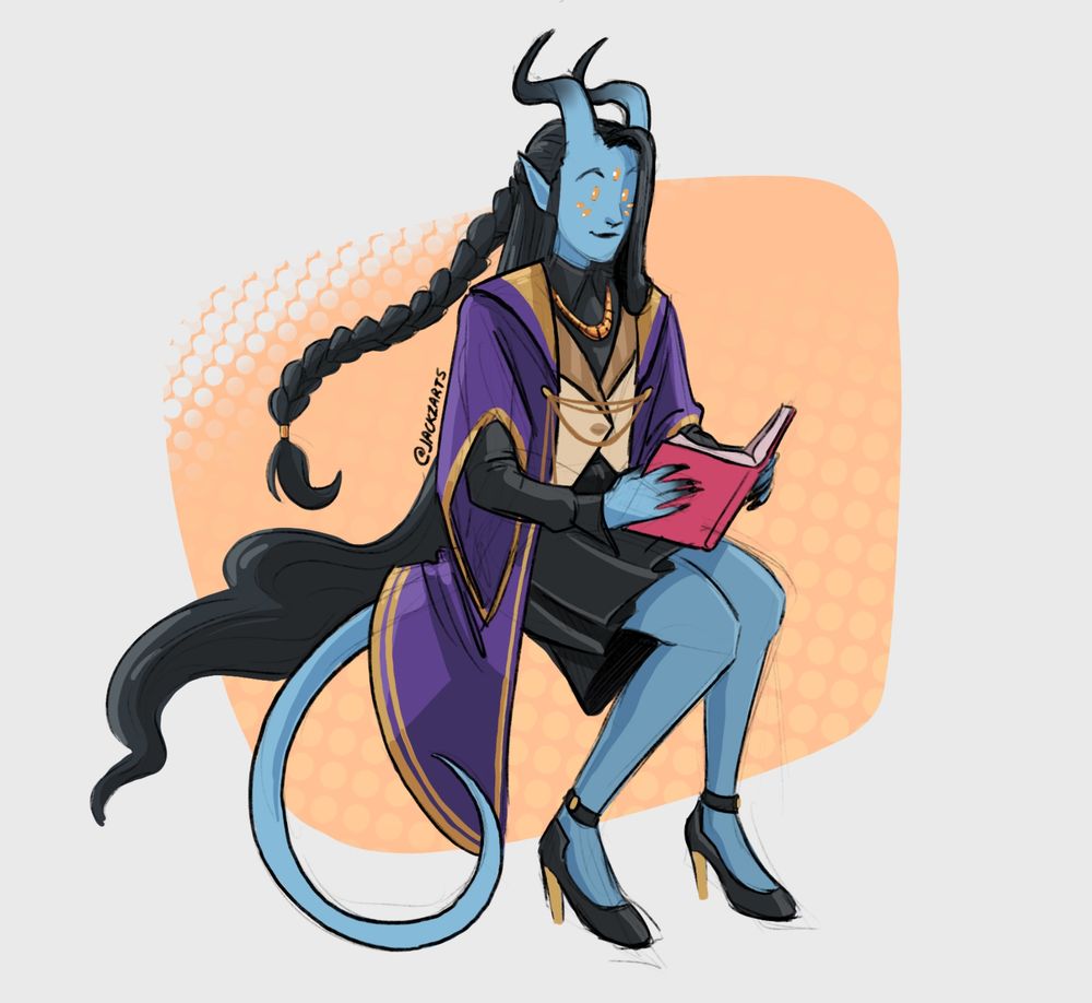 chibi sketch of a blue tiefling, she's sitting down reading a book happily.