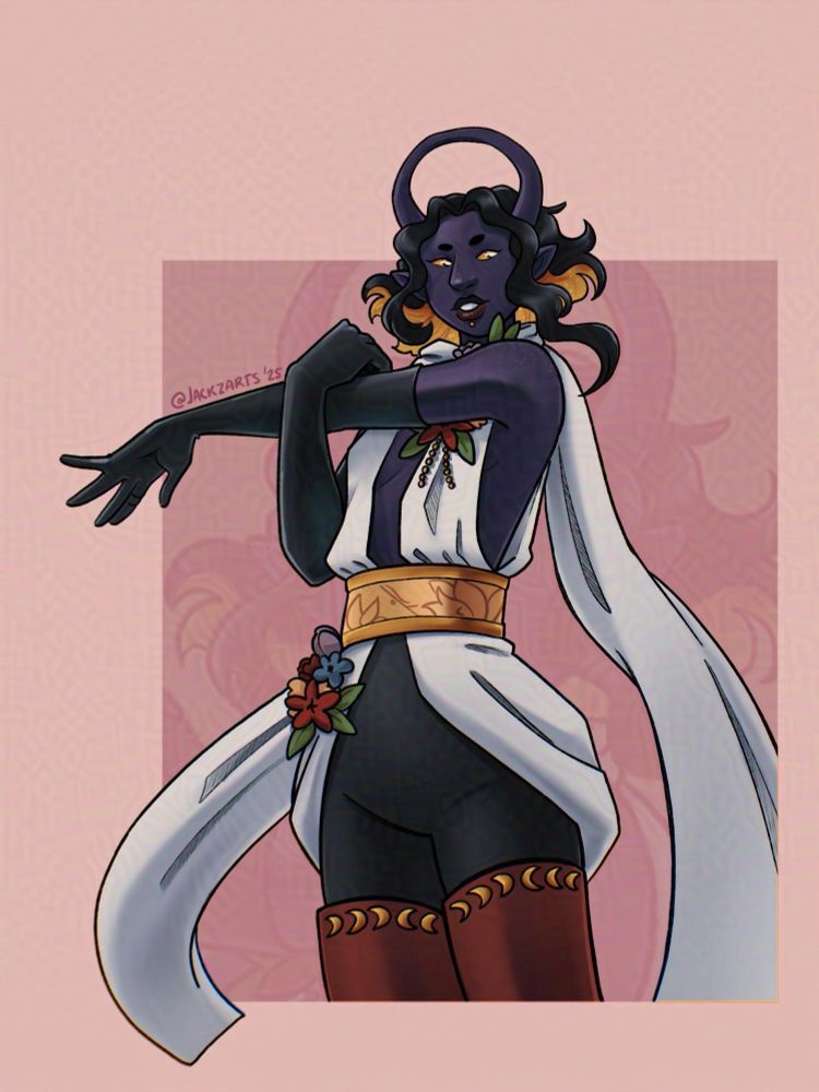 A half body drawing in color of a drow with halo shaped horns. He is wearing a white shirt, black pants and gloves, and red thigh high boots. He's in a pose where he's stretching a bit. 