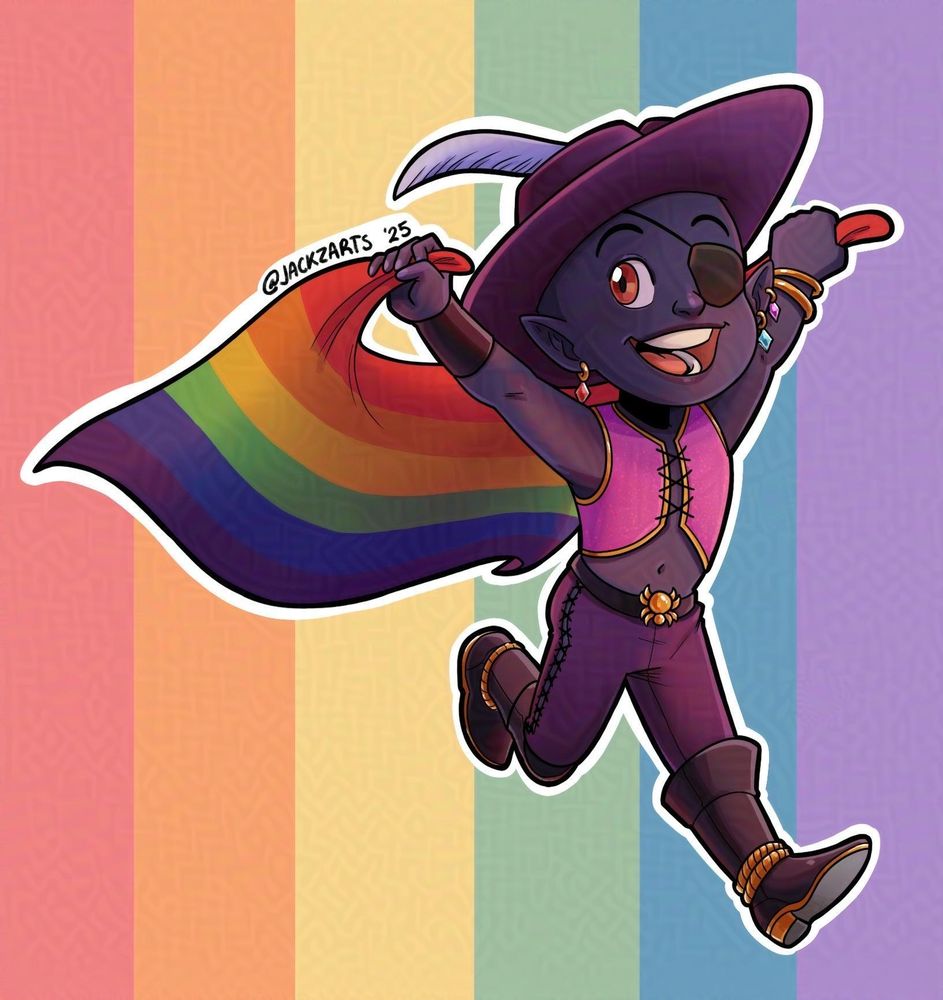 A chibi drawing in full color of Jarlaxe running as he hols the LGBTQ flag