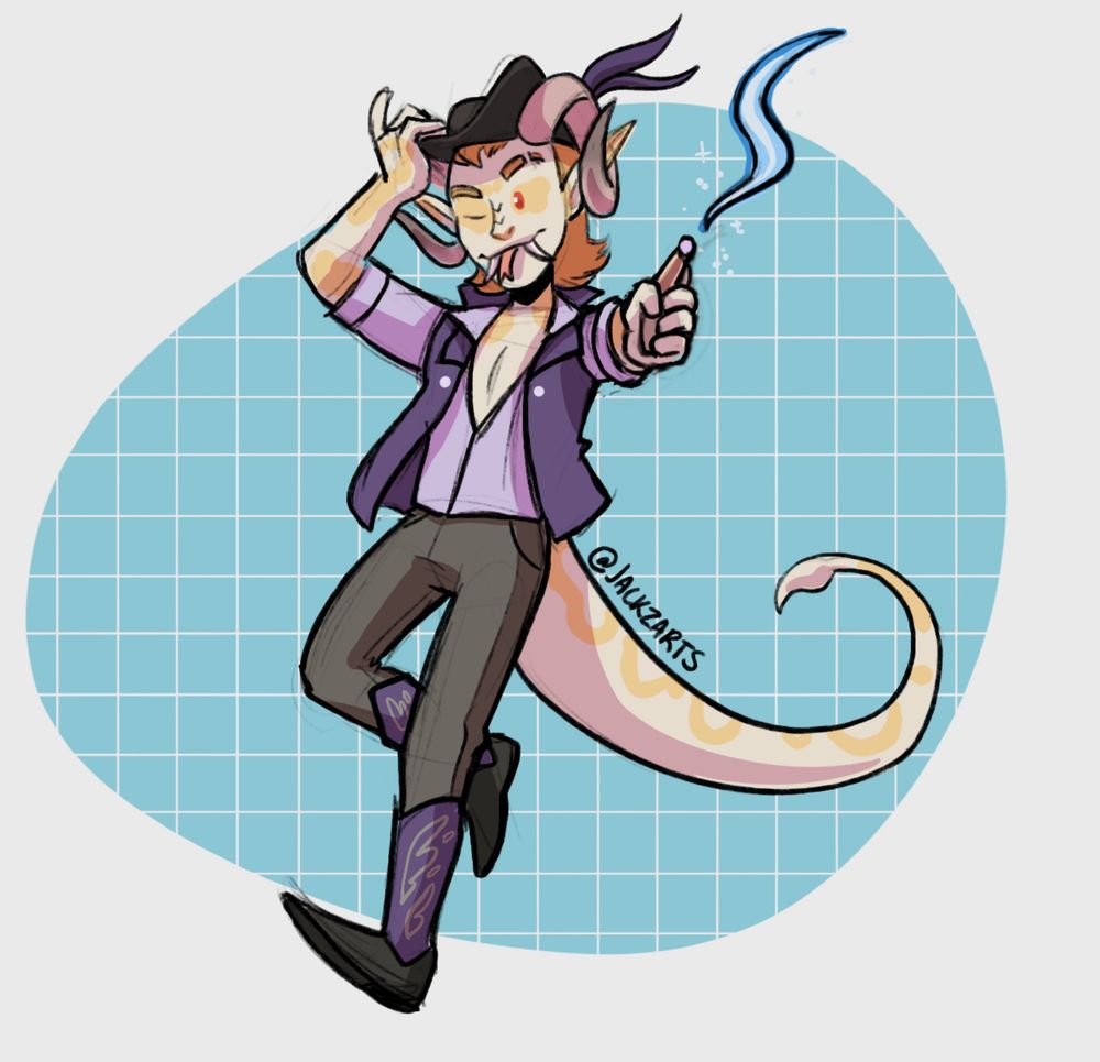 A chibi sketch drawing of a tiefling that looks like a snake, he's taking a step forward as he tips his hat and points his magic wand to the viewer as he winks. 