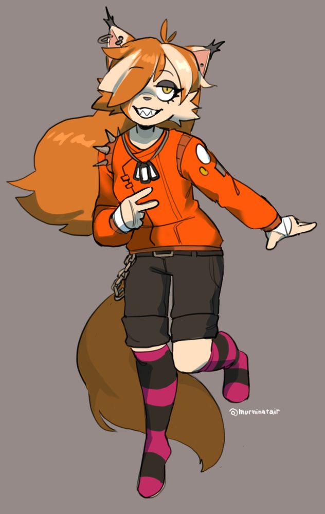 Digital illustration of an anthro cat girl character with white fur and orange hightlights wearing bright colored punk style clothes and and doing a carefree peace sign.