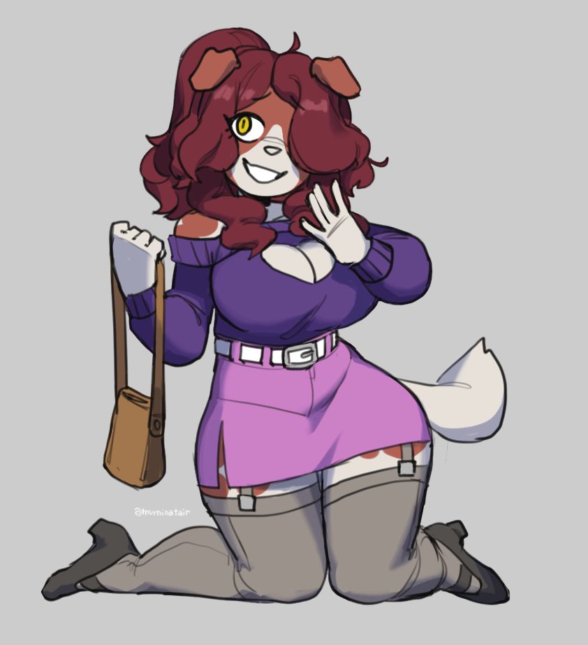 Digital illustration of an anthro dog character kneeling down doing a pinup-esque pose and smiling, she's dressed in a formal yet coquette style and has brown curly hair tied in a high ponytail.
