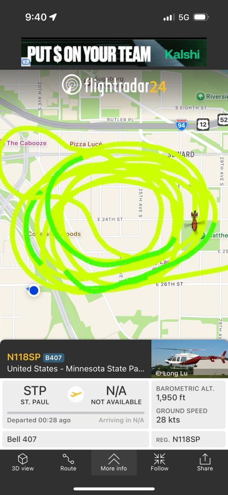 screenshot from flight radar showing the path of a state patrol helicopter that is doing loops over the seward neighborhood 