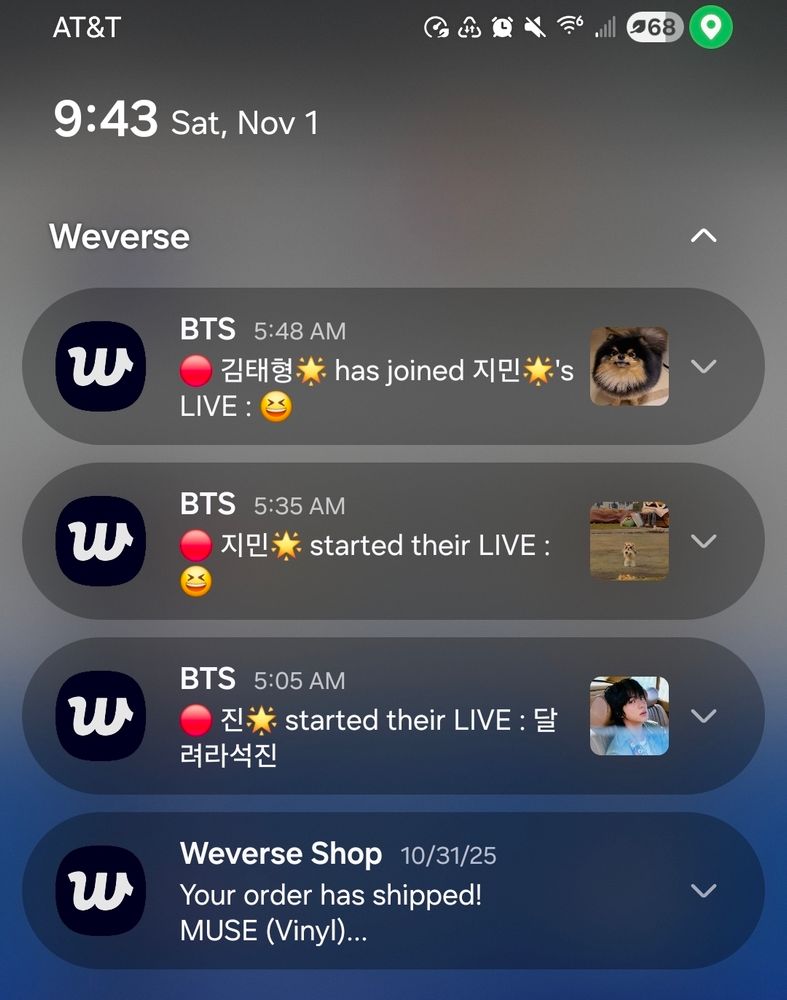 All my Weverse live notifications from overnight: Jin (5:05 am), Jimin (5:35 am), Taehyung (5:48 am)
