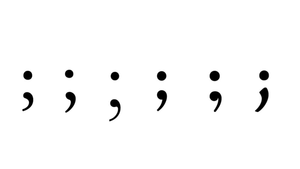 A series of six black semi-colons on a white background.
