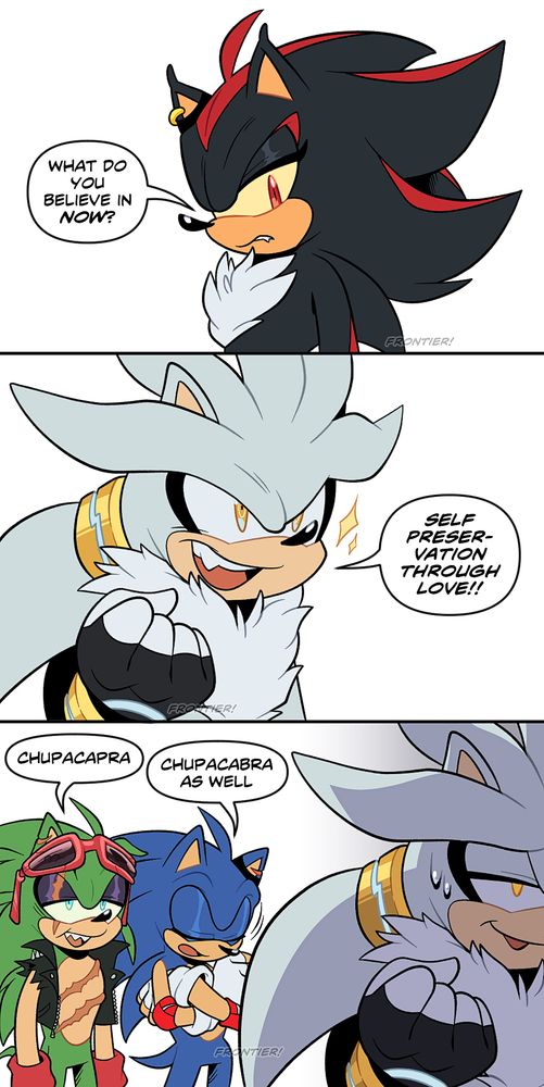 a three panel shitpost comic with shadow, silver, sonic, and scourge from the new game au, using text from a post on tumblr