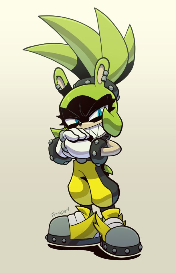 a full body drawing of surge the tenrec from sonic the hedgehog. she is grinning widely at the viewer and gripping her fist in a threatening pose.