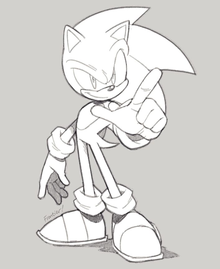 a sketch of sonic the hedgehog. he's smirking at the viewer and pointing his finger.