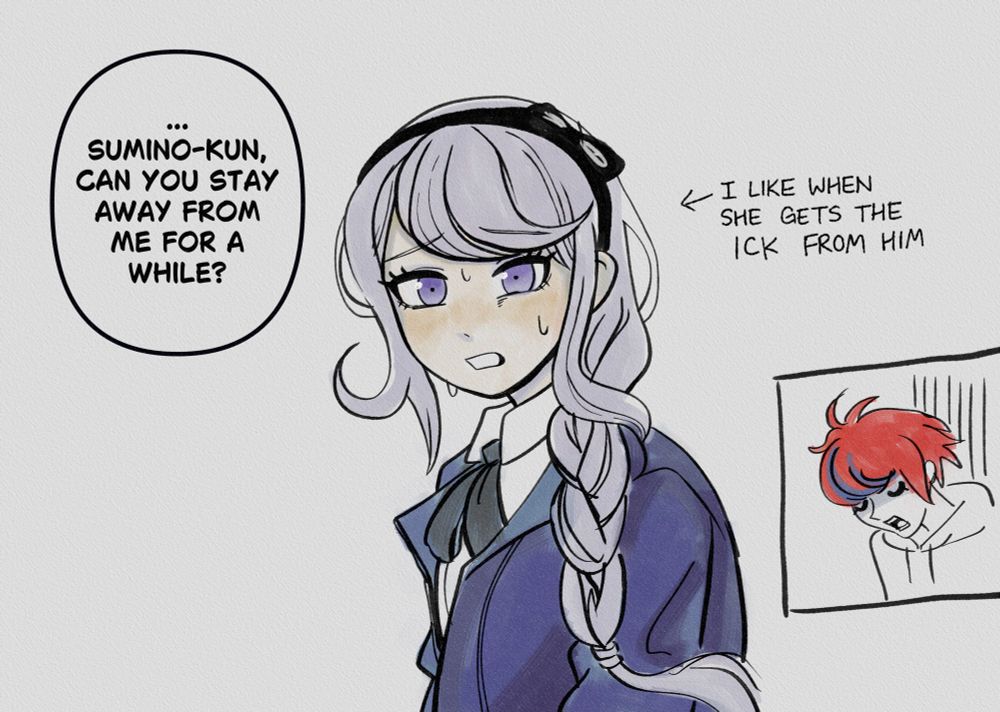 Nozomi Kirifuji from The Hundred Line -Last Defense Academy- says: "...Sumino-kun, can you stay away from me for a while?" with a weirded out look on her face. An arrow pointed at her says "I like when she gets the ick from him," while Takumi looks on in despair. 