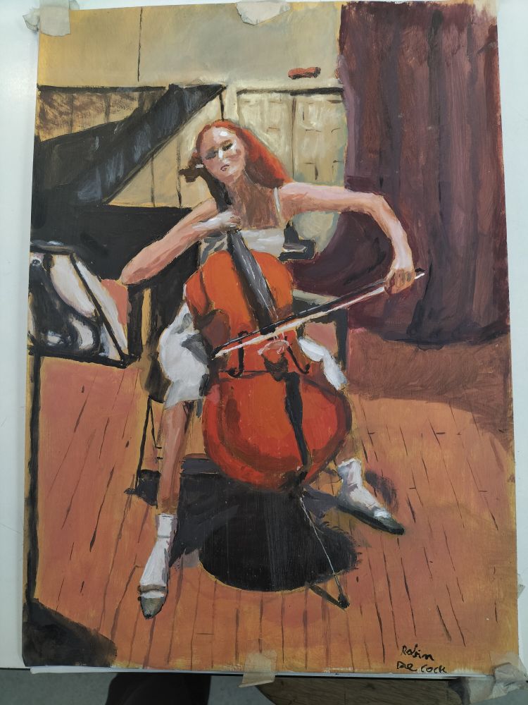 A painting of a cellist. Open acrylics.. made by me