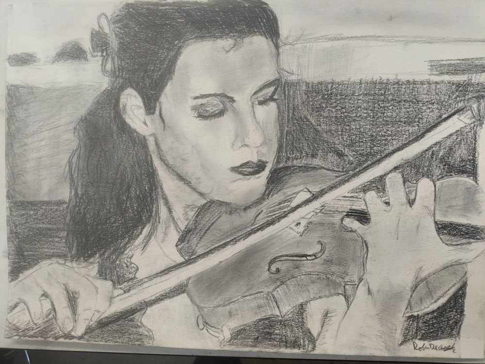 A close up shot of a Violist concentrating on her music. Made in charcoal on gesso.