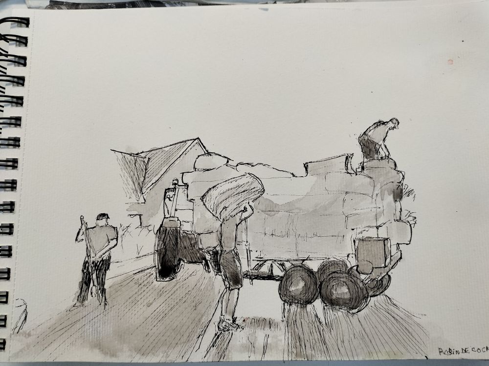 A study in pen and washed ink. It depicts people loading small hay bales on a tractor's trailer