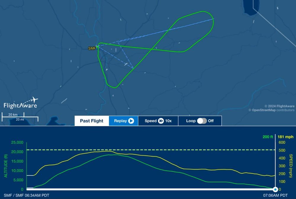 A flight tracker map of Delta 2229 from October 24th, showing the figure-8 like shape of a plane returning to SMF to perform an emergency landing