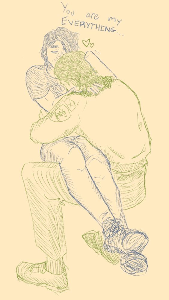 Digital sketch of Deputy Thornton from Alan Wake 2 holding my OC Astrid in his lap. He is burying his face in her chest while she pets his hair with her left arm. Astrid is telling Thornton “You are my everything…” and he has small hearts floating by his head to convey his love. 