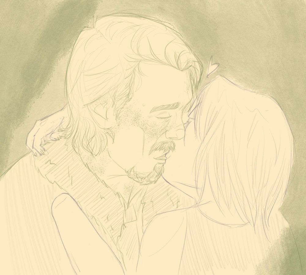 A drawing of Deputy Thornton from Alan Wake smooching an OC, Astrid. Thornton is lined in green and Astrid is lined in purple on a gentle pale yellow background. They have a small heart rising between them where they meet. 