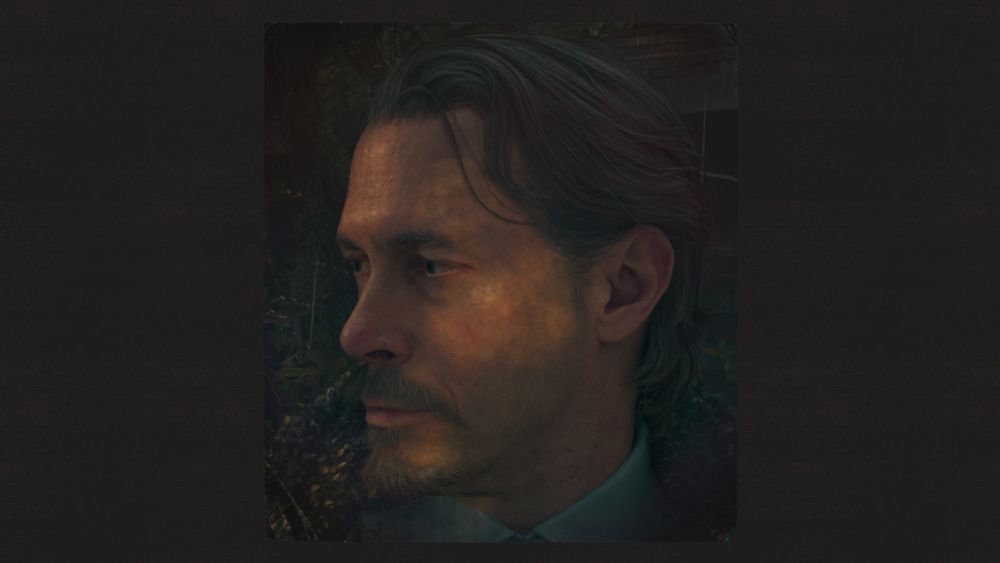 Side profile shot of Deputy Thornton from Alan Wake 2. He is dappled in sunlight. 