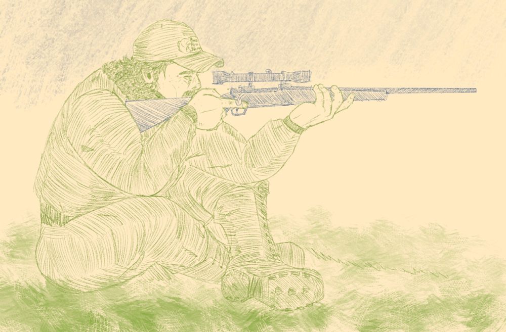 Digital drawing of Deputy Thornton poised in a field with a rifle, in hunting gear and a bass pro shops hat. The drawing uses a limited palette, with the deputy in green and the rifle in blue. 
