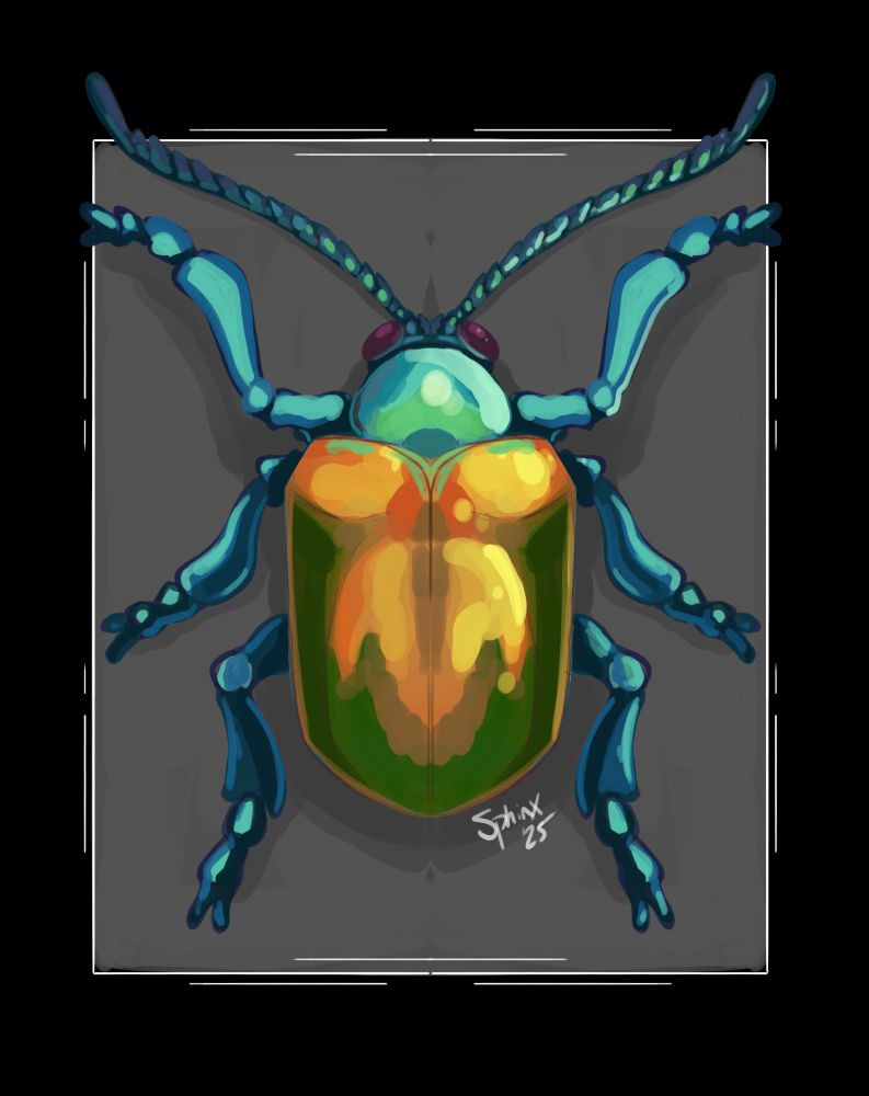 A digital painting of a dogbane beetle. It is a blue-green beetle with a bronze-orange and red forewings. 