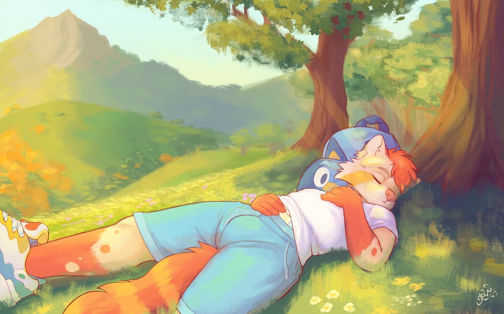 Hiro, an adult red panda, rest in the shadow of some trees curing a hike. The summer light warms his body while he naps peacefully. As pillow, a Bluey backpack, and under his pants, a diaper. 