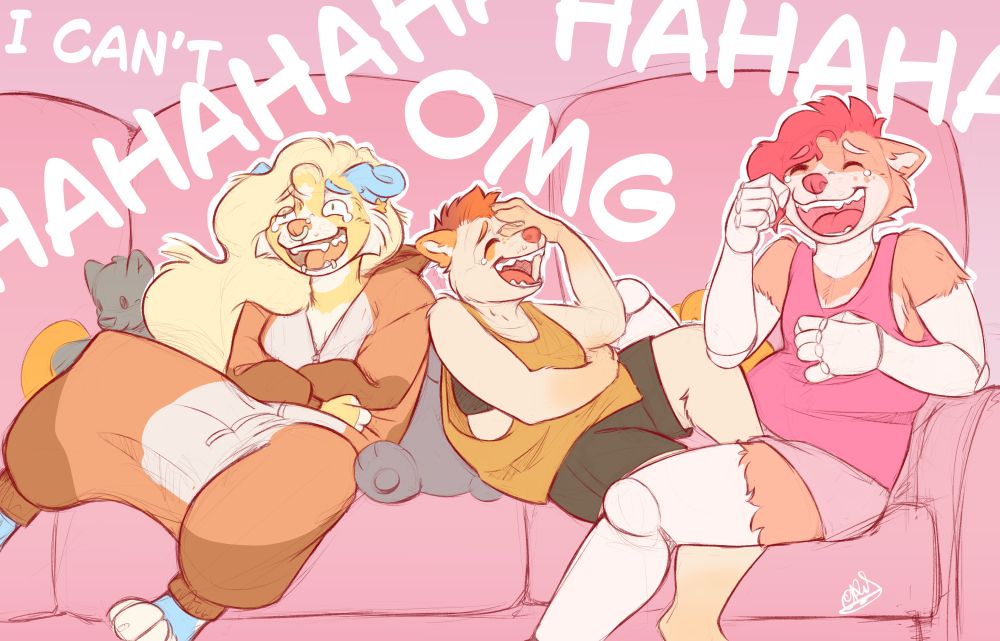 Ori, Remi and Fink laugh their asses off one the sofa