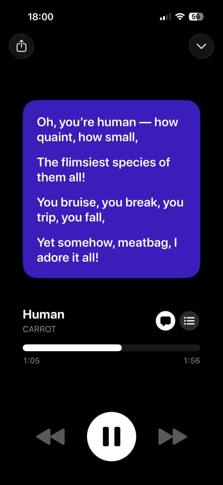 Screenshot of a music player in the Carrot Weather app playing a song named “Human”