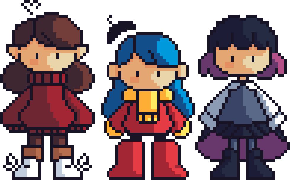 Simplistic/Chibi Pixel art of Johanna, Hilda, and Kaisa from Netflix’s Hilda. 