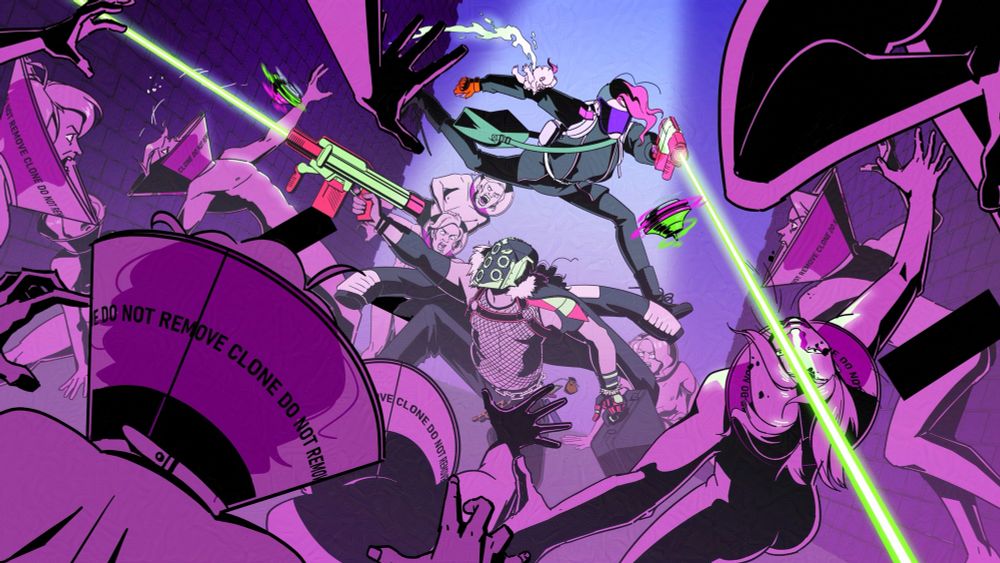 Cyberpunk style image of two people shooting clones. 