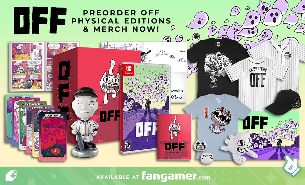 A banner showing a variety of OFF merchandise against the key art from the game—a Collector's Edition with a comic, art cards, and a bobblehead doll, the standard edition of the game with its instruction manual, shirts, the Judge plush, and a lenticular poster.