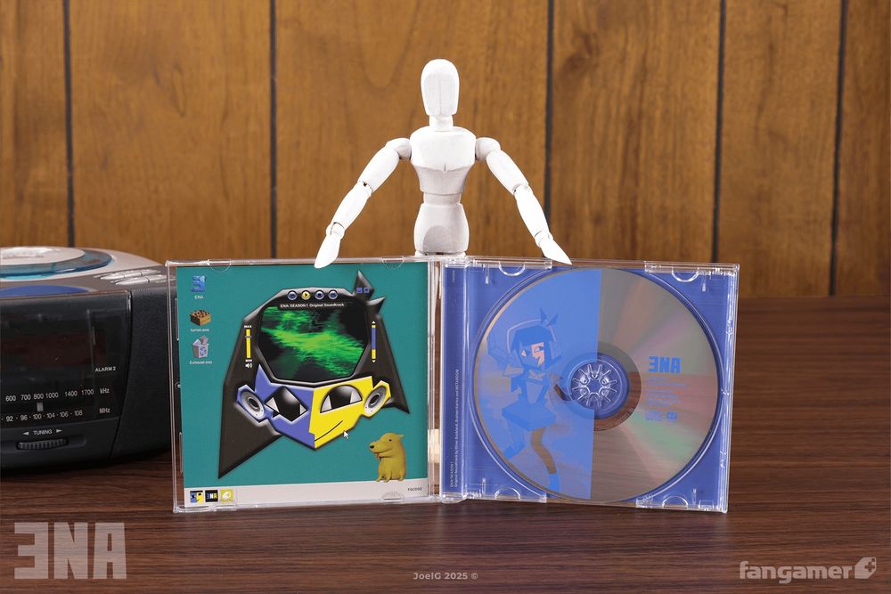 A photo of an artist's model holding an ENA CD soundtrack jewel case open in front of a wood-paneled wall. The soundtrack has 90s-computer-inspired inner art with a translucent blue CD design. 