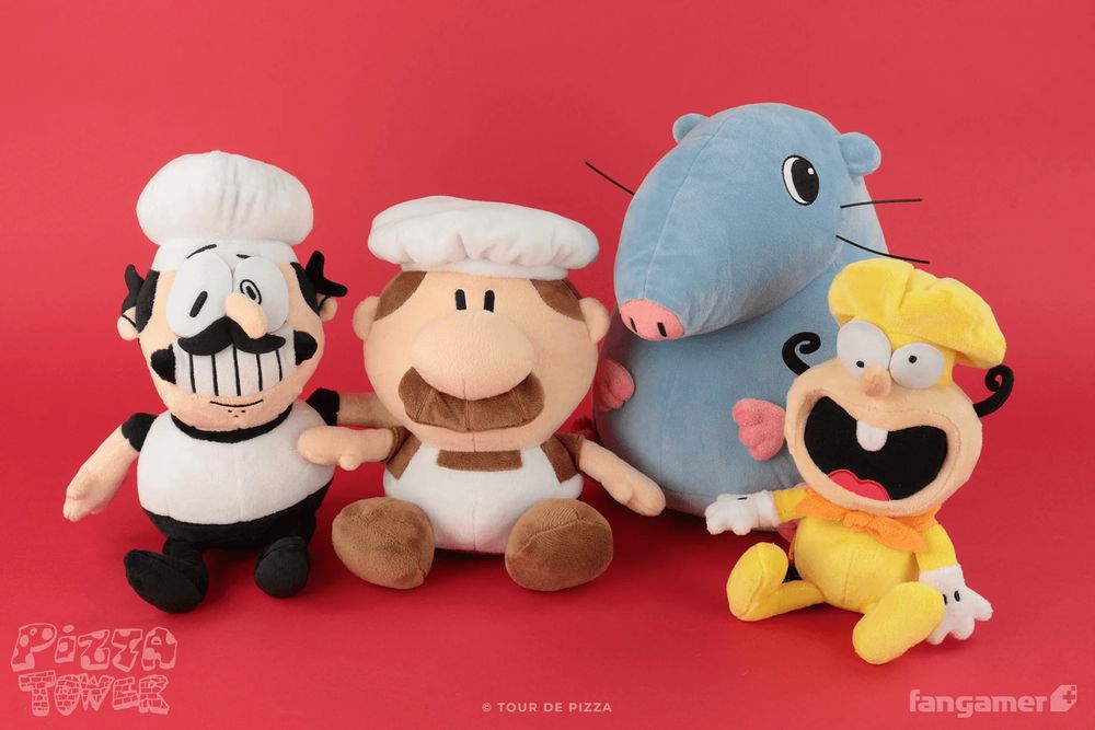Four Pizza Tower plushes are photographed against a red background—Peppino, Gustavo, Stupid Rat (who is about half-a-head taller than the rest), and The Noise. 