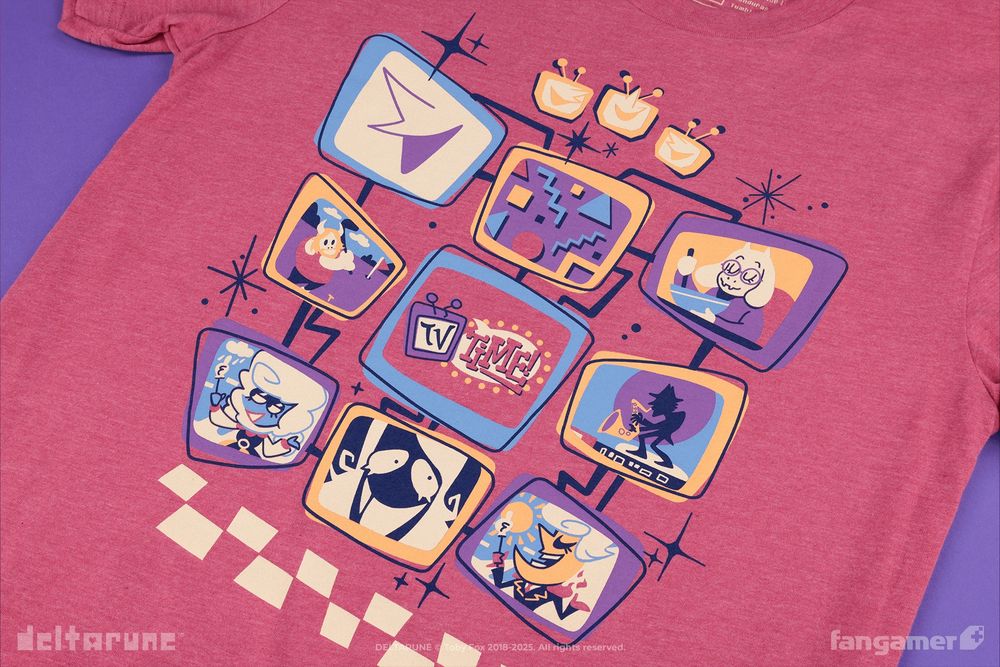 A photo of Nina Matsumoto's new TV Time! shirt. The shirt is a heather raspberry colored garment with a googy-inspired retro design showing characters on a bank of nine TV screens