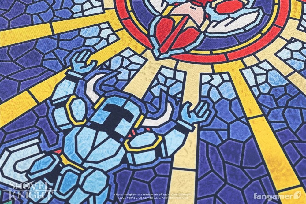 A closeup photo of the Dreaming of You desk mat, showing Shovel Knight reaching our toward Shield Knight. It's illustrated in a faux-stained-glass style. 