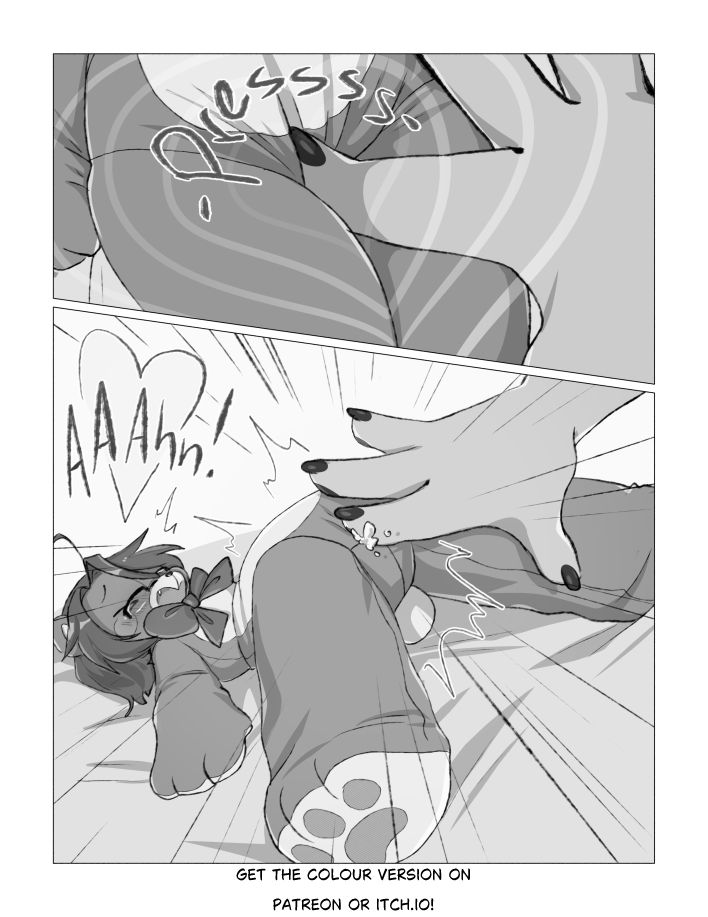 A 2 panels comic page

Panel 1: The off-screen character's finger presses hard into Bearito's crotch. Heart effects radiate from the zone, implying pleasure.

Panel 2: Bearito arches their back as they orgasm. A little bit of stuffing is pushed out between the stitches on their crotch from the force of it.