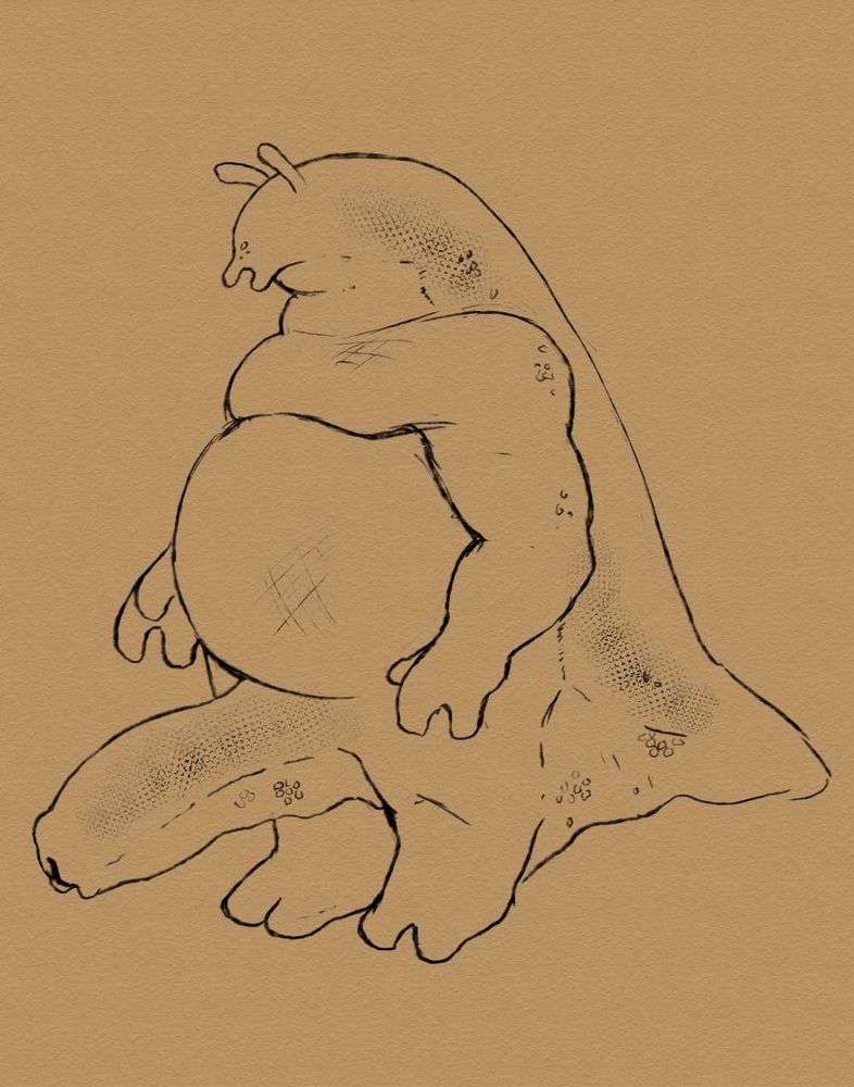 A rough digital sketch featuring a slug (person(?)monster(?)) creature with, as mentioned, a very large penis. They're just standing there.