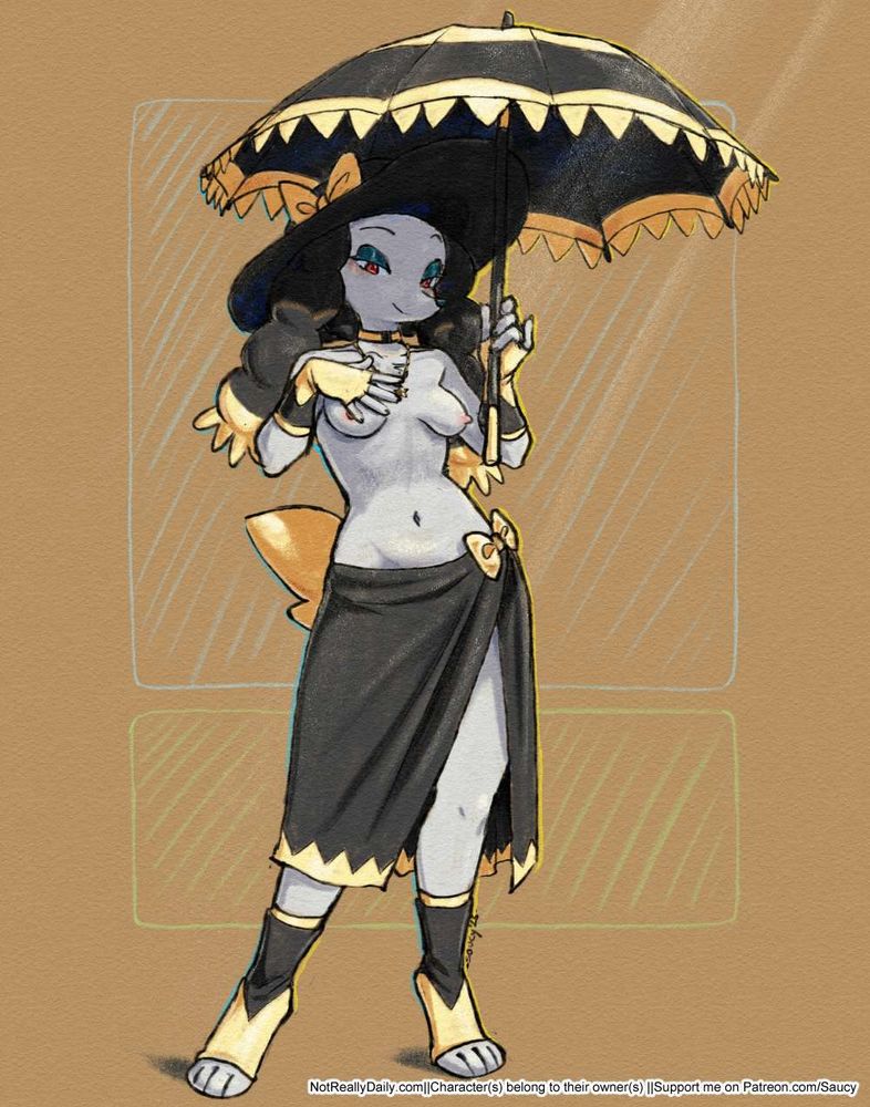 A digital illustration in the style of traditional coloured pencils featuring an anthro Furfrou (pokémon) woman with black and yellow clothing. She is posing, topless, under an umbrella that matches her outfit.