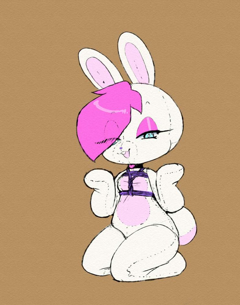 a digital sketch featuring a living bunny plushie with a shibari harness.